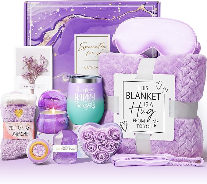 Birthday Gifts for Women Self Care Gifts Get Well Soon Gifts, Rose Relaxing Spa Gifts Basket Care Package W/ Luxury Flannel Blanket, Unique Mothers Day Gifts for Mom Her Friend Sister Wife Grandma