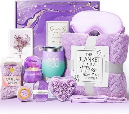 Birthday Gifts for Women Self Care Gifts Get Well Soon Gifts, Rose Relaxing Spa Gifts Basket Care Package W/ Luxury Flannel Blanket, Unique Mothers Day Gifts for Mom Her Friend Sister Wife Grandma